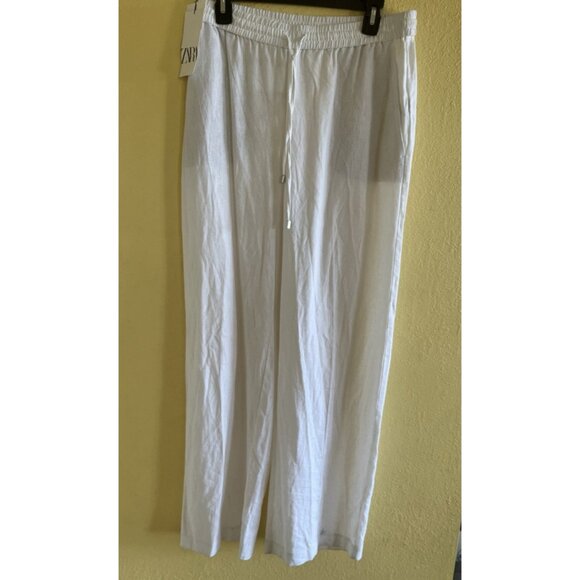 Zara Pants - Zara Women's Linen Blend Straight Leg Pull On White Pants Size Large Casual New